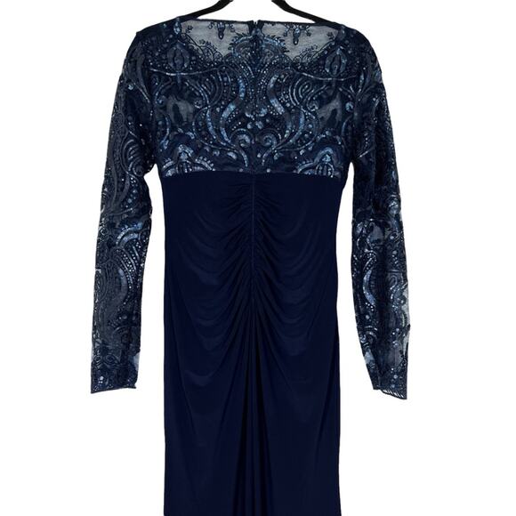 Eliza J Navy Blue Draped Sleeve Sequin Gown Formal Dress - Picture 7 of 9